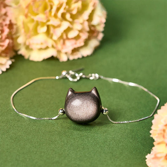 Buddhist Blessing 925 Sterling Silver Silver Sheen Obsidian Gold Sheen Obsidian Cat Soothing Bracelet