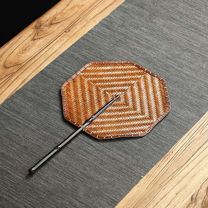 Buddhist Blessing Chinese Style Handmade Bamboo Woven Round Oval Banana Shape Long Handle Fan