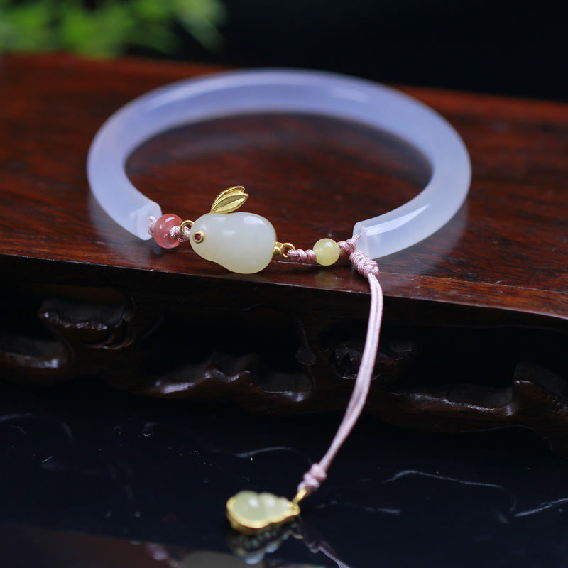 Buddhist Blessing Natural White Agate Hetian Jade Rabbit Positive Bracelet Bangle
