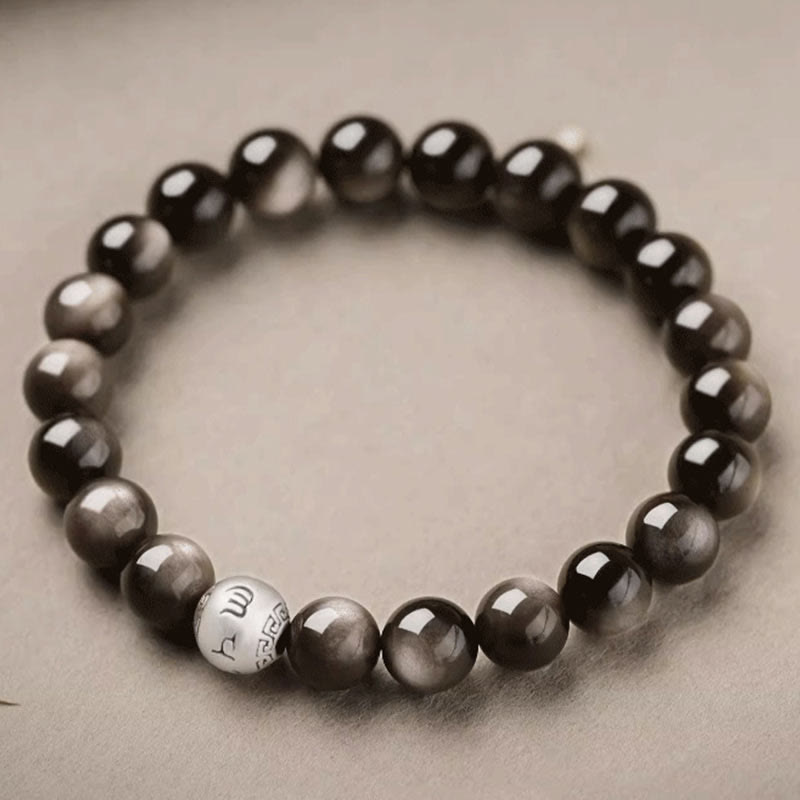 Buddhist Blessing Natural Silver Sheen Obsidian Om Mani Padme Hum Protection Bracelet