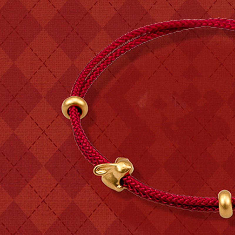 Buddhist Blessing 999 Gold Small Lucky Rabbit Osmanthus Design Handmade Luck Braided Rope Bracelet