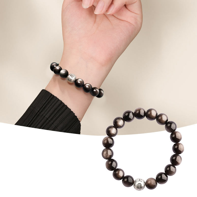 Buddhist Blessing Natural Silver Sheen Obsidian Om Mani Padme Hum Protection Bracelet