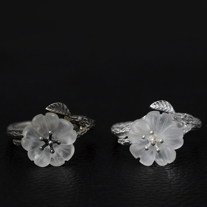 Buddhist Blessing 925 Sterling Silver White Crystal Skeleton Flower Adjustable Healing Ring
