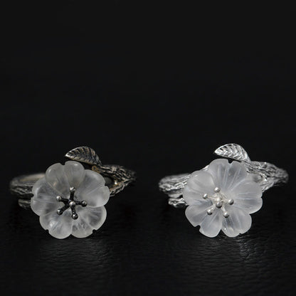 Buddhist Blessing 925 Sterling Silver White Crystal Skeleton Flower Adjustable Healing Ring