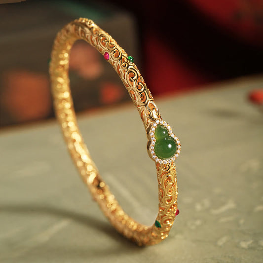 Buddhist Blessing Cyan Jade Copper Plated Gold Auspicious Clouds Gourd Luck Bracelet Bangle