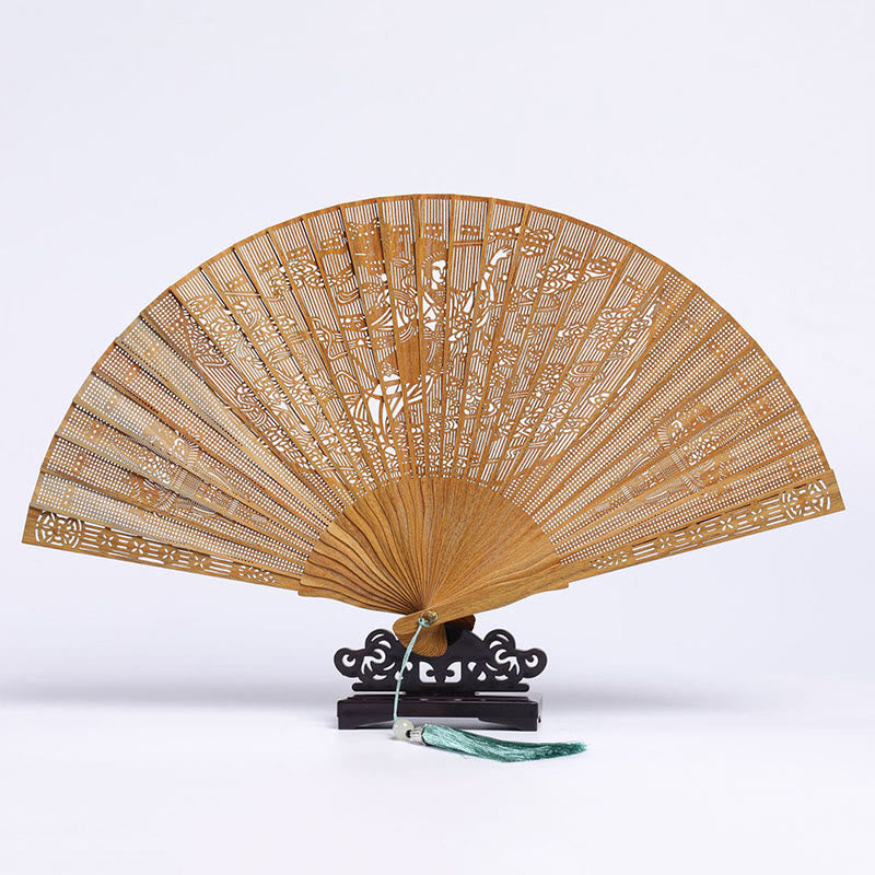 Buddhist Blessing Auspicious Clouds Crane Peacock Chang'e Moon Engraved Pattern Handheld Green Sandalwood Folding Fan