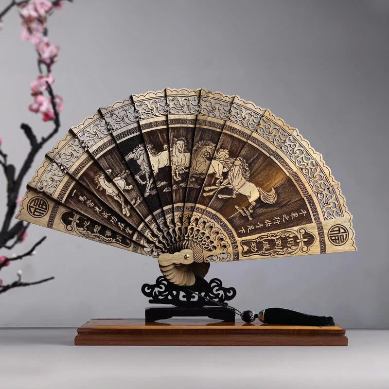 Buddhist Blessing Koi Fish Peony Bird Flower Engraved Hollow Handheld Phoebe Zhennan Wood Folding Fan 22cm