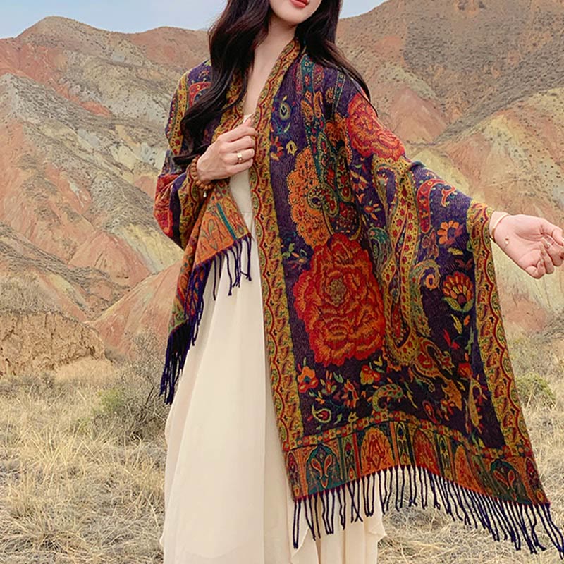 Buddhist Blessing Tibetan Cashew Peony Flowers Vine Tassels Shawl Fall Winter Cozy Scarf Wrap