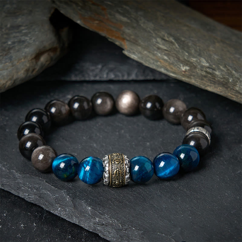 Buddhist Blessing Natural Silver Sheen Obsidian Blue Tiger Eye Om Mani Padme Hum Communication Bracelet