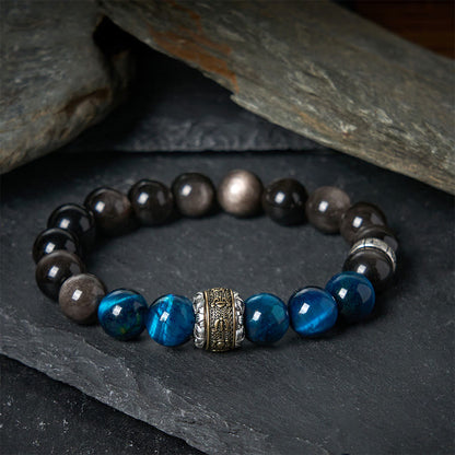 Buddhist Blessing Natural Silver Sheen Obsidian Blue Tiger Eye Om Mani Padme Hum Communication Bracelet