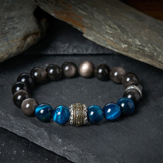 Buddhist Blessing Natural Silver Sheen Obsidian Blue Tiger Eye Om Mani Padme Hum Communication Bracelet