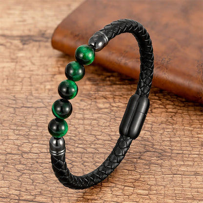Buddhist Blessing Blue Agate Tiger Eye Lava Rock Black Onyx Lazurite Bead Protection Leather Bracelet