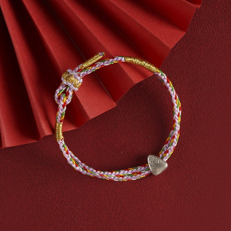 Buddhist Blessing 925 Sterling Silver Fu Character Luck Multicolored Rope Bracelet