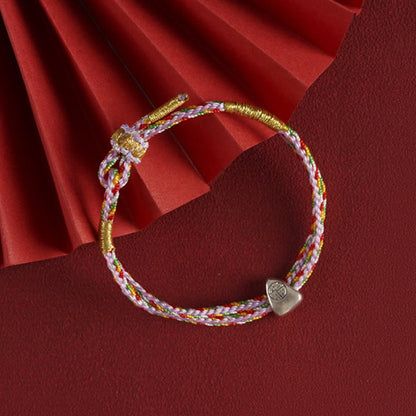 Buddhist Blessing 925 Sterling Silver Fu Character Luck Multicolored Rope Bracelet