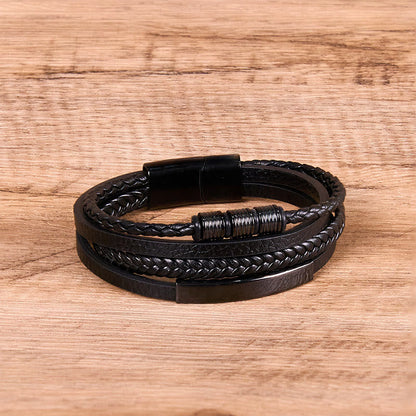 Buddhist Blessing Fashion Titanium Steel Leather Hand Woven Magnetic Buckle Strengthen Bracelet