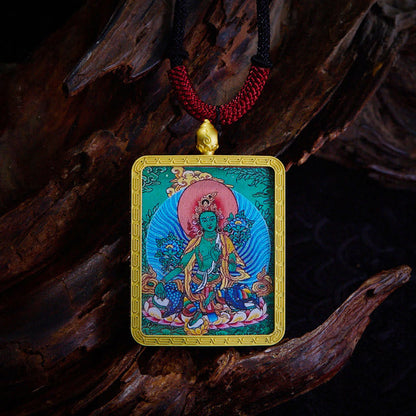 Buddhist Blessing Tibetan Zakiram Nine Tailed Fox Yellow God of Wealth Painted Thangka Hope Necklace Pendant