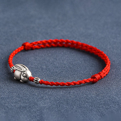 Buddhist Blessing Handmade 999 Sterling Silver Rabbit Luck Rope Bracelet Anklet