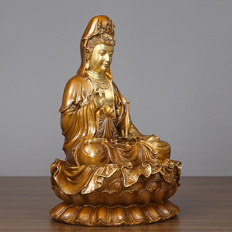 Buddhist Blessing Kwan Yin Avalokitesvara Lotus Sitting Harmony Brass Copper Statue Home Altar Decoration