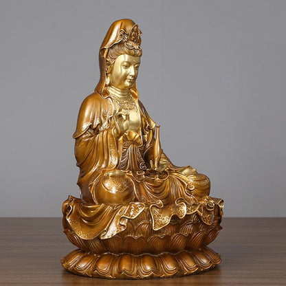 Buddhist Blessing Kwan Yin Avalokitesvara Lotus Sitting Harmony Brass Copper Statue Home Altar Decoration