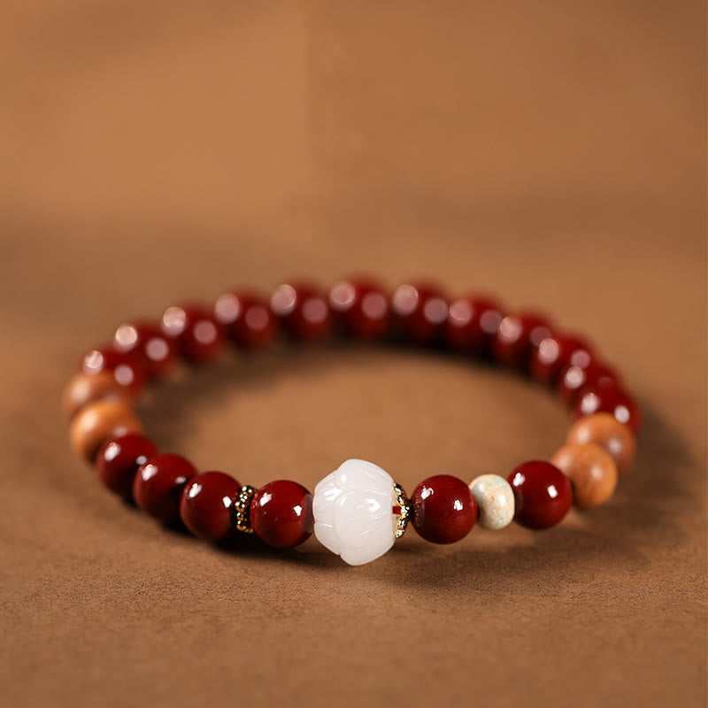 Buddhist Blessing Cinnabar Wood Beads Lotus Fu Character Blessing Bracelet
