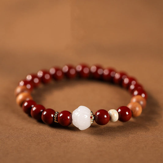 Buddhist Blessing Cinnabar Wood Beads Lotus Fu Character Blessing Bracelet