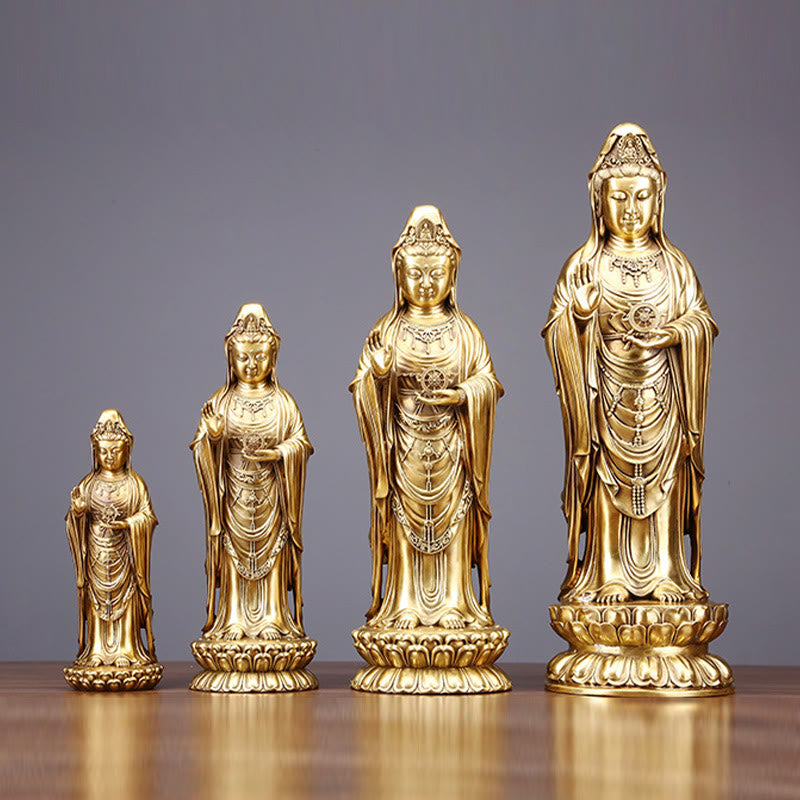 Buddhist Blessing Kwan Yin Avalokitesvara Holding The Dharma Wheel Wealth Brass Copper Statue Decoration