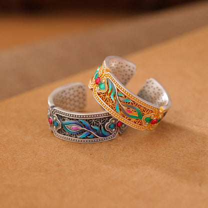 Buddhist Blessing 999 Sterling Silver Enamel Feather Design Adjustable Calm Ring