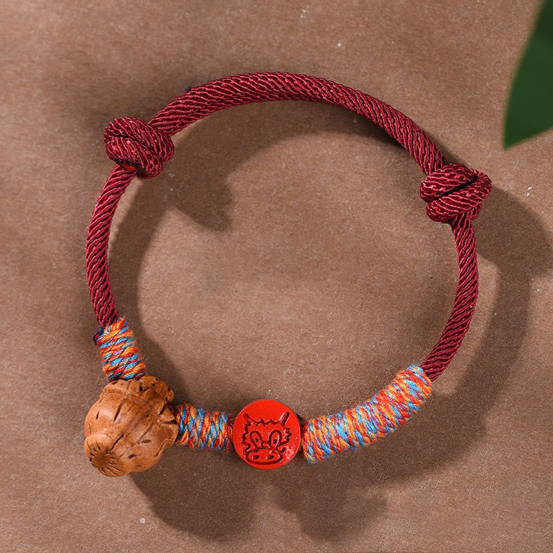 Buddhist Blessing Handmade Chinese Zodiac Red String Peach Pit Cinnabar Luck Bracelet