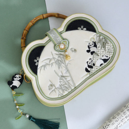 Buddhist Blessing Panda Bamboo Embroidery Pearl Chain Chinese Knot Tassel Crossbody Bag Handbags