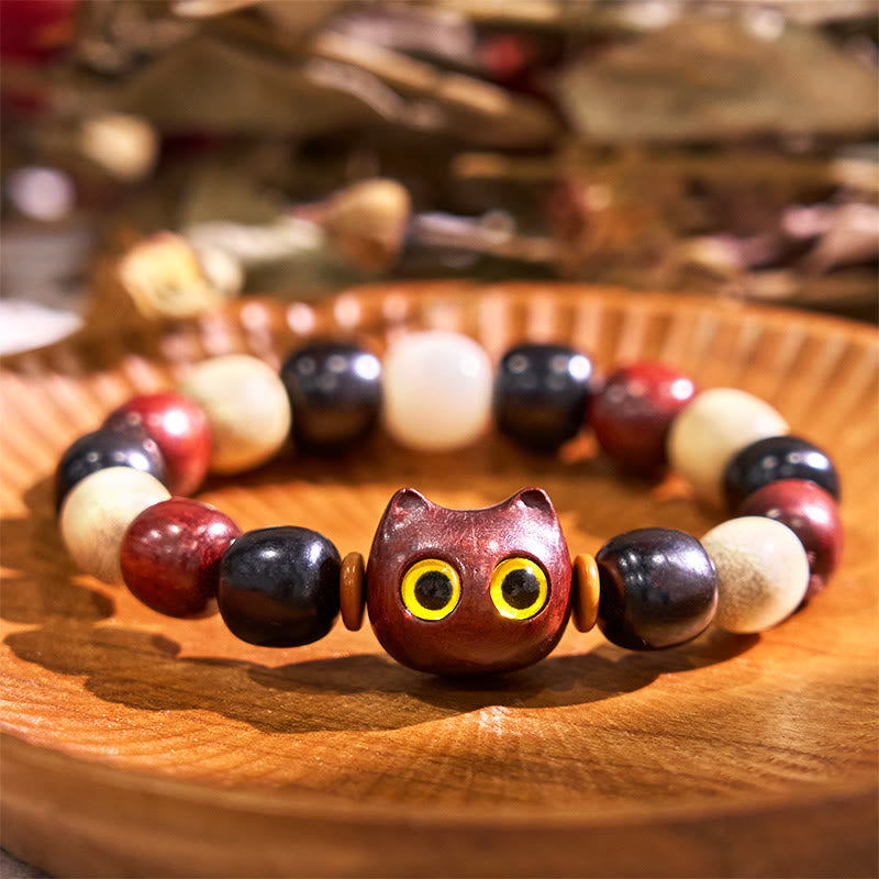 Buddhist Blessing Small Leaf Red Sandalwood Ebony Wood Cute Cat Engraved Protection Bracelet