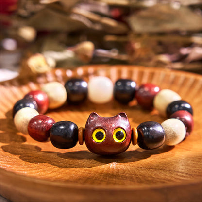 Buddhist Blessing Small Leaf Red Sandalwood Ebony Wood Cute Cat Engraved Protection Bracelet