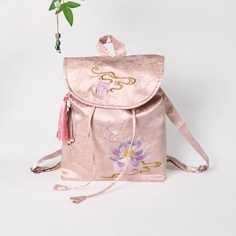 Buddhist Blessing Handmade Pink Lotus Embroidered Large Capacity Polyester Cotton Backpack