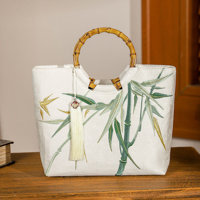 Buddhist Blessing Embroidery Bamboo Handle Tassel Handbags
