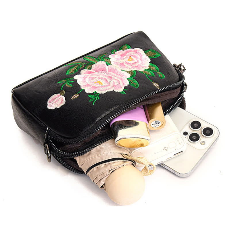 Buddhist Blessing Peony Pomegranate Flowers Su Embroidery Journey Shopping Purse Shoulder Bag Crossbody Bag