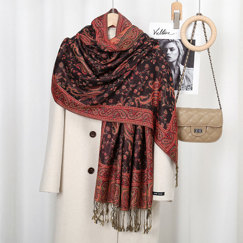 Buddhist Blessing Tibetan Cashew Flower Vine Print Tassels Shawl Fall Winter Soft Scarf Wrap