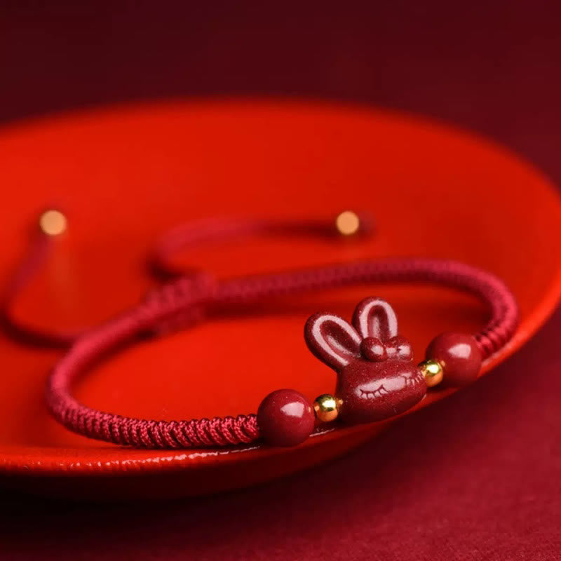 Buddhist Blessing Handmade Cinnabar Chinese Zodiac Rabbit Luck Red Rope Bracelet