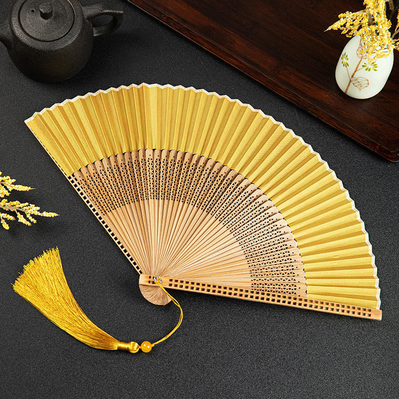 Buddhist Blessing Cranes Auspicious Clouds Solid Color Gradient Handheld Cotton Linen Fabric Bamboo Folding Fan