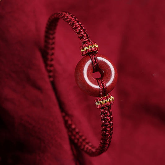 Buddhist Blessing Handmade Cinnabar Round Peace Buckle Concentration Braided Bracelet