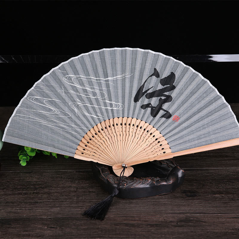 Buddhist Blessing Chinese Characters Golden Dragonfly Handheld Cotton Linen Bamboo Folding Fan 22cm