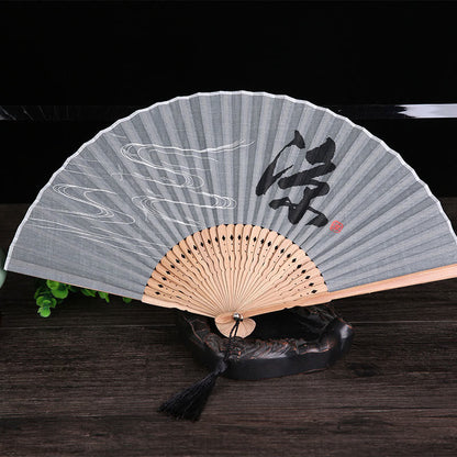 Buddhist Blessing Chinese Characters Golden Dragonfly Handheld Cotton Linen Bamboo Folding Fan 22cm