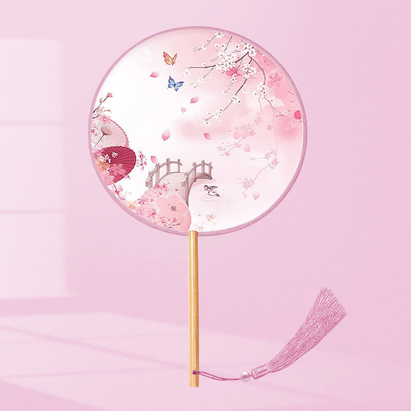 Buddhist Blessing Ginkgo Leaf Koi Fish Cherry Blossom Spring Flowers Handheld Wood Handle Fan