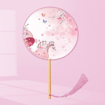 Buddhist Blessing Ginkgo Leaf Koi Fish Cherry Blossom Spring Flowers Handheld Wood Handle Fan