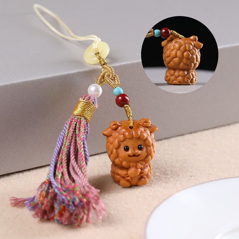 Buddhist Blessing Sandalwood 12 Chinese Zodiac Blessing Colorful Tassel Accessories Keychain