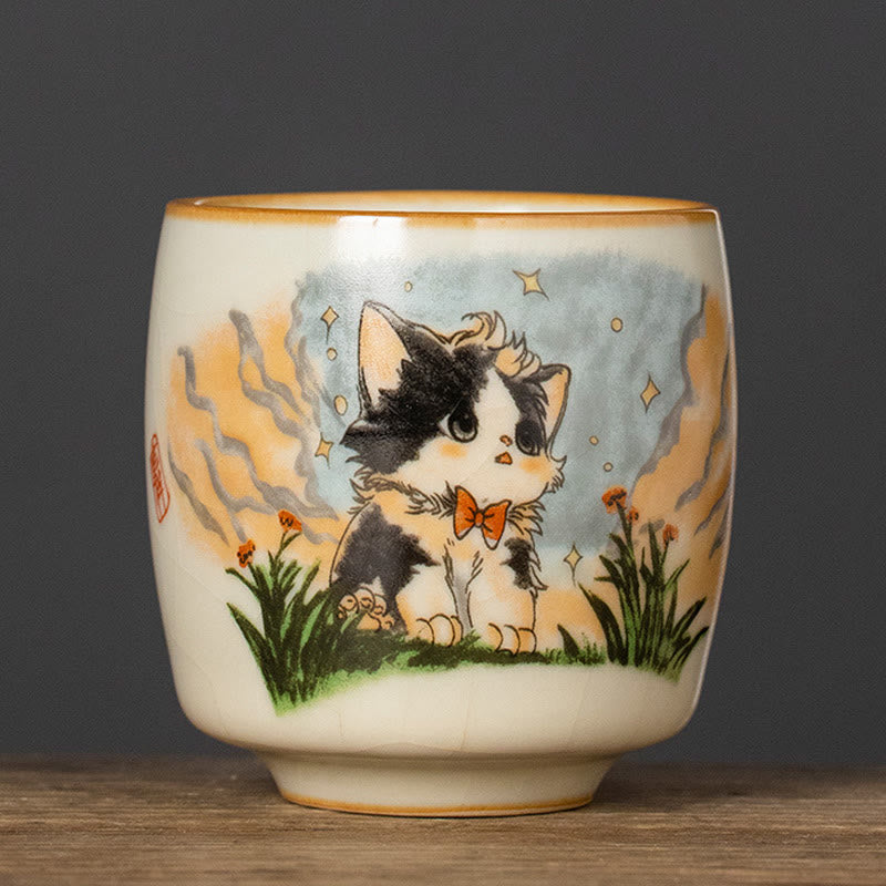 Buddhist Blessing Cute Bow Tie Cat Teacup Kung Fu Tea Cup