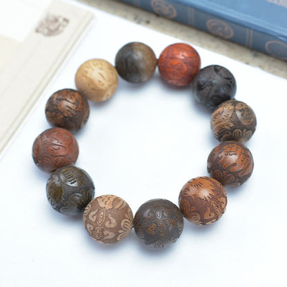 Buddhist Blessing Carving Sandalwood Chinese Zodiac Auspicious Dragon Phoenix Fu Character Healing Bracelet