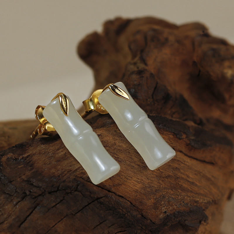 Buddhist Blessing Bamboo Hetian Jade 925 Sterling Silver Leaf Wealth Earrings