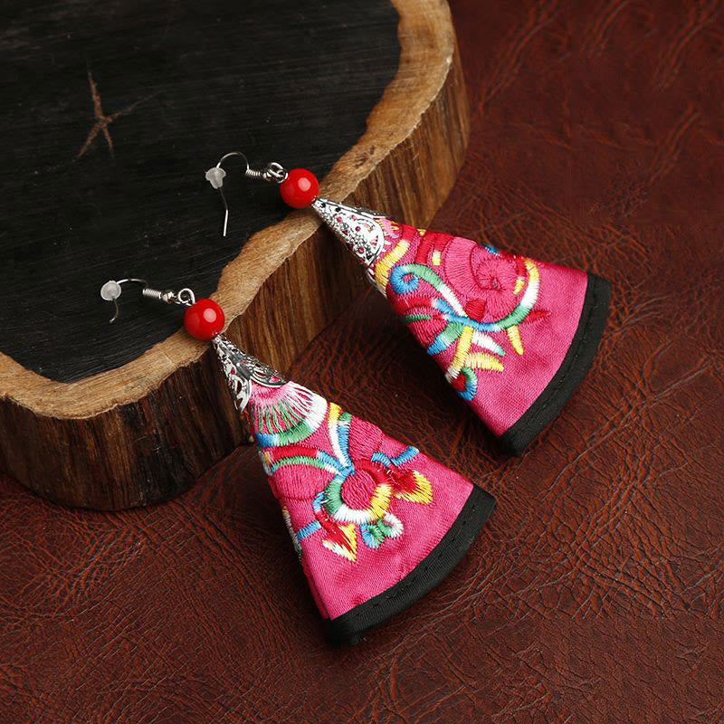 Buddhist Blessing Handmade Fan-shaped Yi Embroidery Harmony Earrings