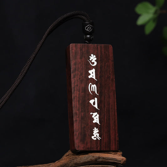 Buddhist Blessing 999 Sterling Silver Small Leaf Red Sandalwood Ebony Wood Om Mani Padme Hum Inlaid Protection Necklace Pendant