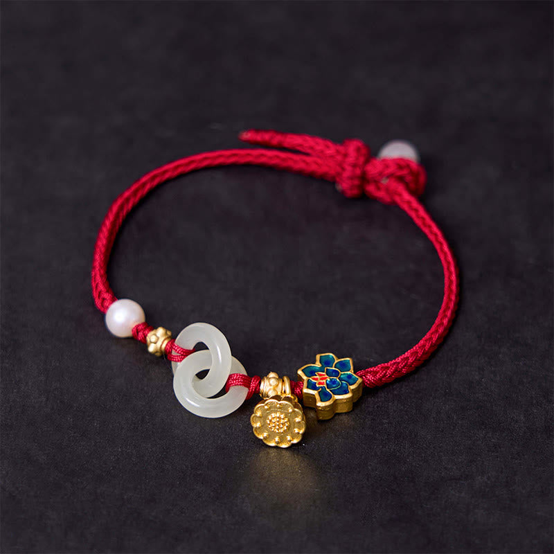 Buddhist Blessing Hetian Jade Lotus Peace Buckle Braided Rope Fortune Bracelet
