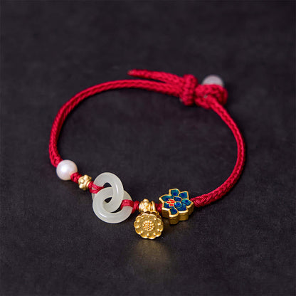 Buddhist Blessing Hetian Jade Lotus Peace Buckle Braided Rope Fortune Bracelet